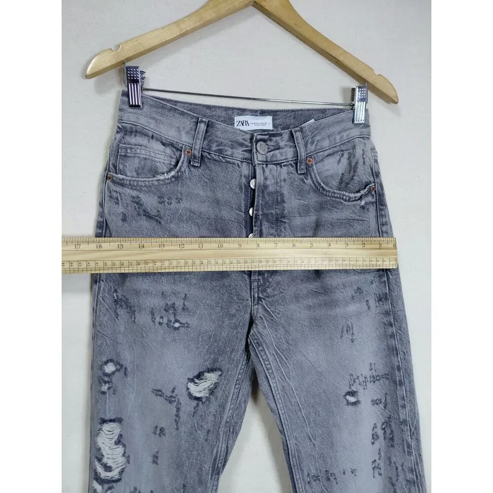 Zara Gray Acid Wash Distressed Button Fly Straight Leg Jeans Women Size 2